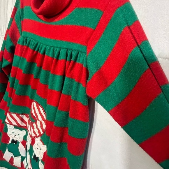 Toddler Vintage Retro Christmas Holiday Tunic Dress Striped Teddy Bear Appliqué - Picture 6 of 6